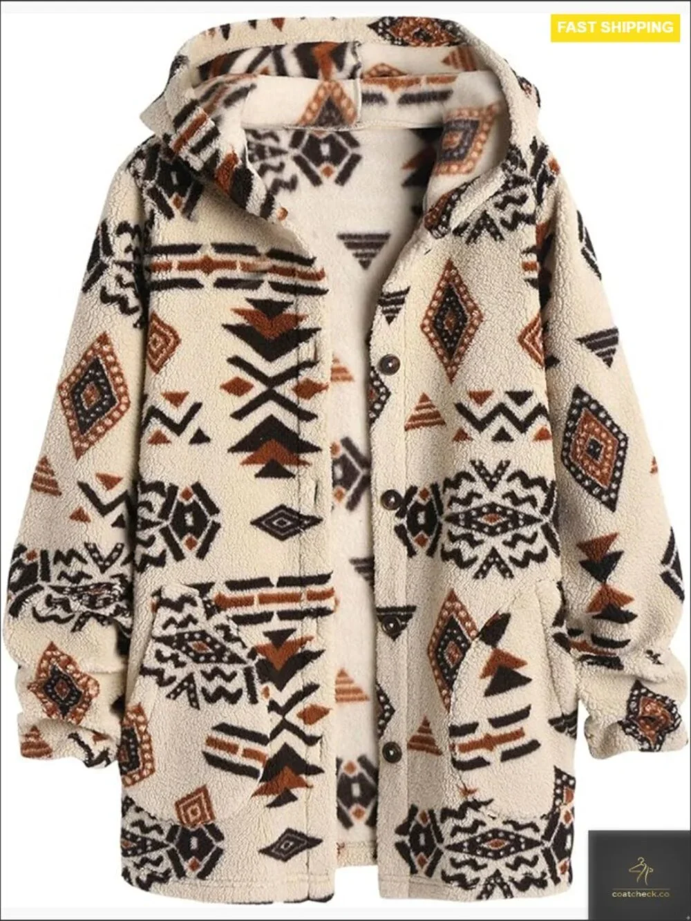 Aztec Print Fleece Hoodie Button Down Shacket Casual Sherpa Jacket with Pockets